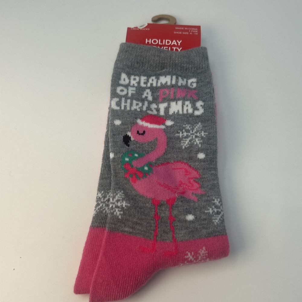 NEW Holiday Pink Flamingo Christmas Crew Socks Gray Winter Snow Slouchy